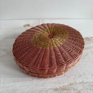 Vintage Oval Pink Tight Woven Basket with Lid